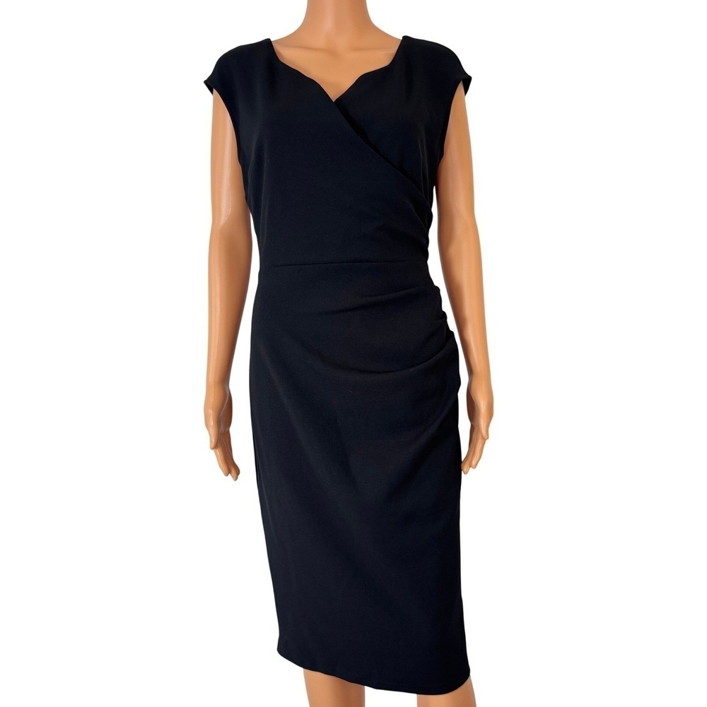Miusol Black Ruched Wrap V-Neck Cap Sleeve‎ Sheath Midi Dress Womens Medium